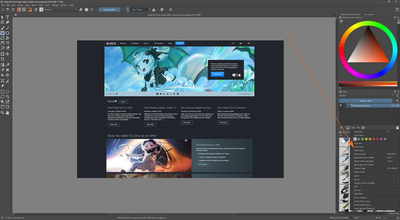 Krita screenshot with arrow pointing to the layers cut-copy-paste operations