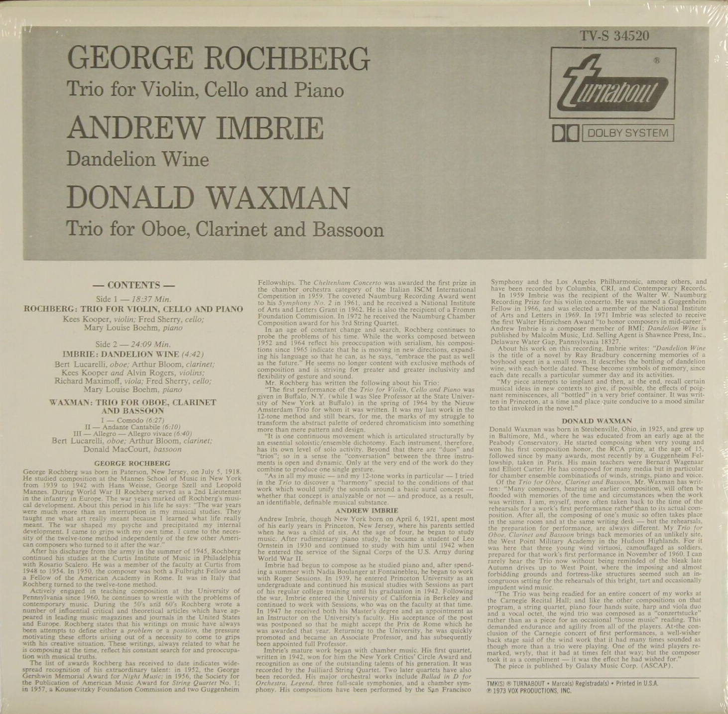 andrew imbrie dandelion wine turnabout records 34520 (1973)