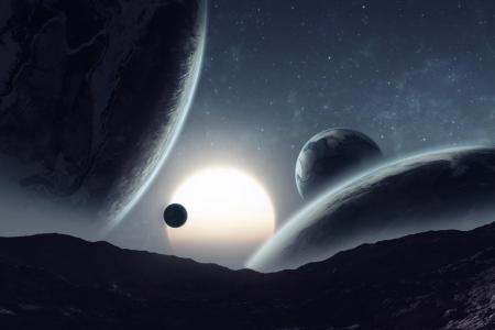 Star and Several Moons Views From A Planet Surface